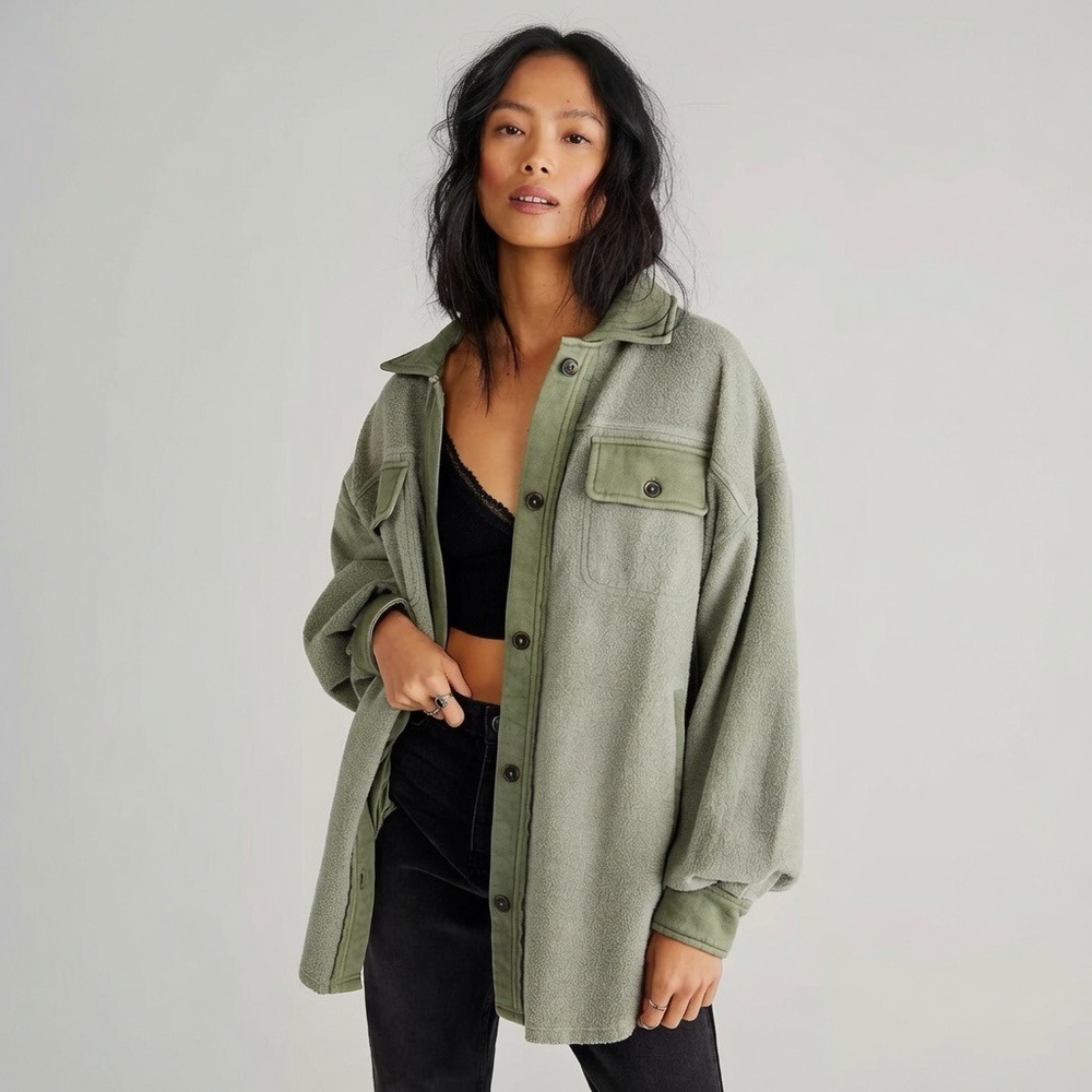 Free People We The Free Ruby Fleece Shirt Jacket Olive Green Large OB1034245